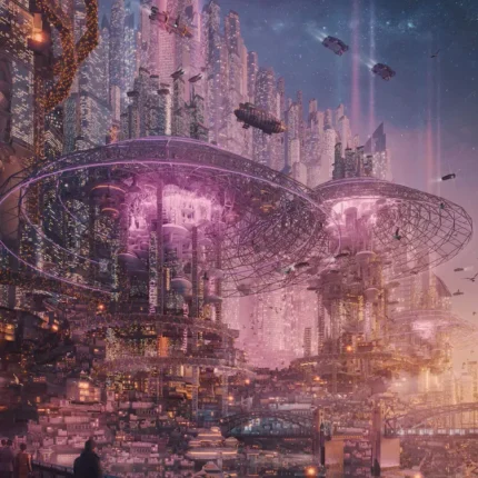 Sci-fi city with glowing purple ring platforms and flying ships seen by a figure at a railing