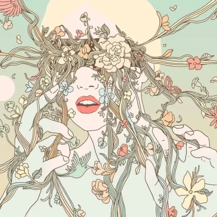 Woman with red lips and her face covered by flowering vines and roses in pastel colors