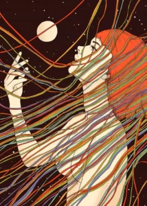 LumiPoster — Face and colorful threads under the moon