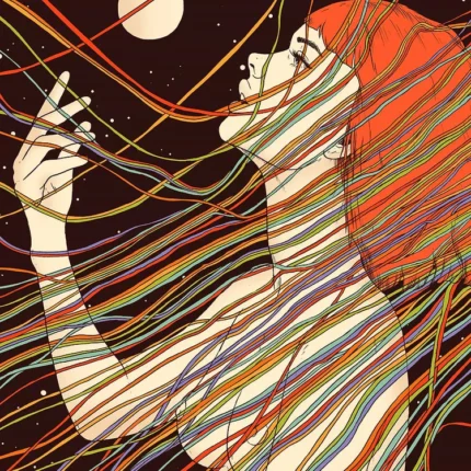 Woman looking up at the moon with colorful threads crossing her face and arm