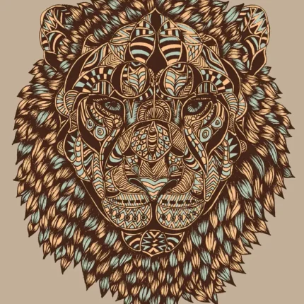 Front view of a lion head decorated with ornate geometric patterns on a tan background