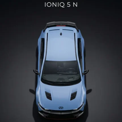 Top-down view of a blue Hyundai Ioniq 5 N on a dark minimalist poster