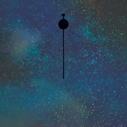 Black silhouette of the Voyager spacecraft against a starry blue and purple night sky
