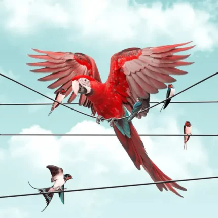 Red macaw with spread wings on power lines beside small birds in a blue sky