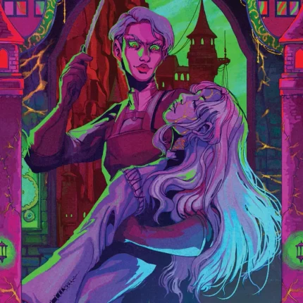 Neon pink and green illustration of two characters before a tall gothic palace