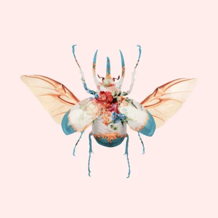 Pastel horned beetle with open wings and flowers on its back on a pink background