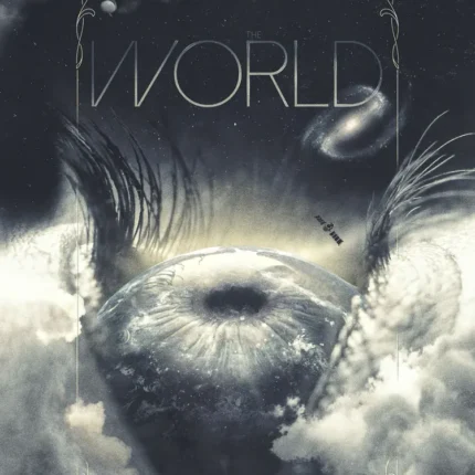 World tarot poster with a globe shaped like an eye between feathered wings and clouds