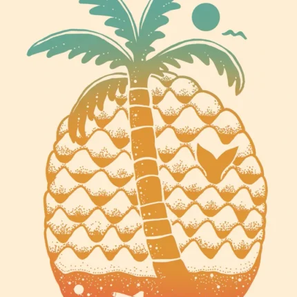 Retro orange pineapple with a green palm tree, blue sun and tiny space shuttle on cream