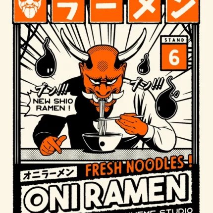 Red oni demon eating ramen in an orange and black Japanese Oni Ramen poster