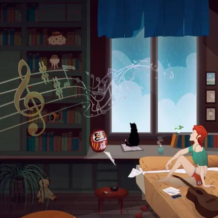 Cozy room with a guitar player, black cat on the windowsill, bookshelf and floating music notes