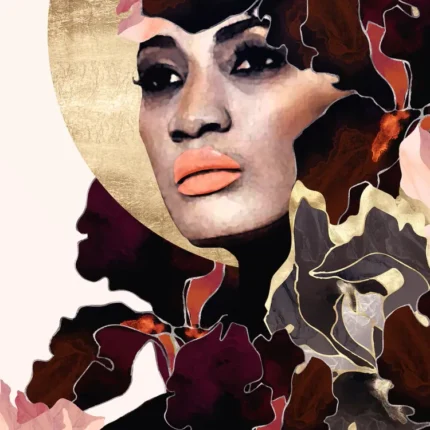 Woman with coral lips surrounded by dark burgundy flowers and a large golden circle behind her