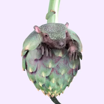Small armored animal emerging from a green artichoke on a lilac background captioned Artichillo