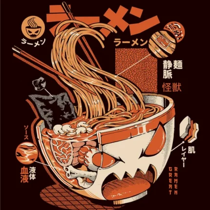 Orange illustration of a fanged ramen bowl monster with noodles and Japanese text on black