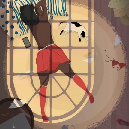 Overhead view of a person in red shorts lying on a bed in window light with a small cat