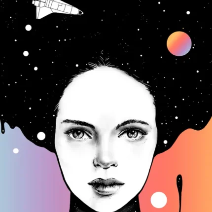 Portrait of a woman whose hair becomes a starry sky with a shuttle and colorful planet