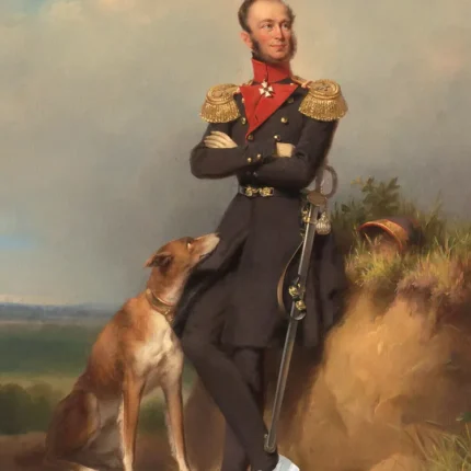 Officer in dark uniform with gold epaulettes and a rifle beside a brown dog on a grassy hill