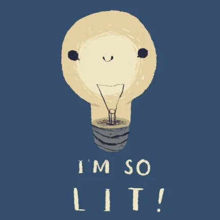 Smiling yellow light bulb with the text I'm so lit on a navy blue background
