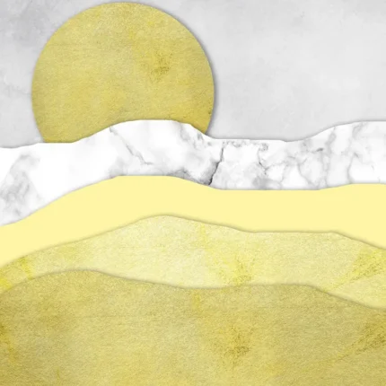 Mustard yellow sun over layered yellow hills and a white marble ridge on grey sky