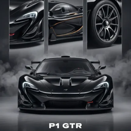 Black McLaren P1 GTR hypercar with three detail close-ups and the P1 GTR title