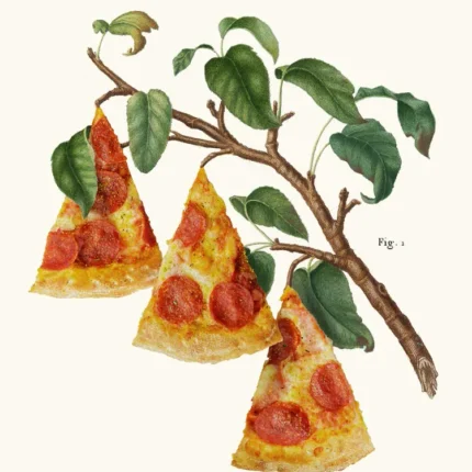 Three pepperoni pizza slices hanging from a leafy branch in botanical style