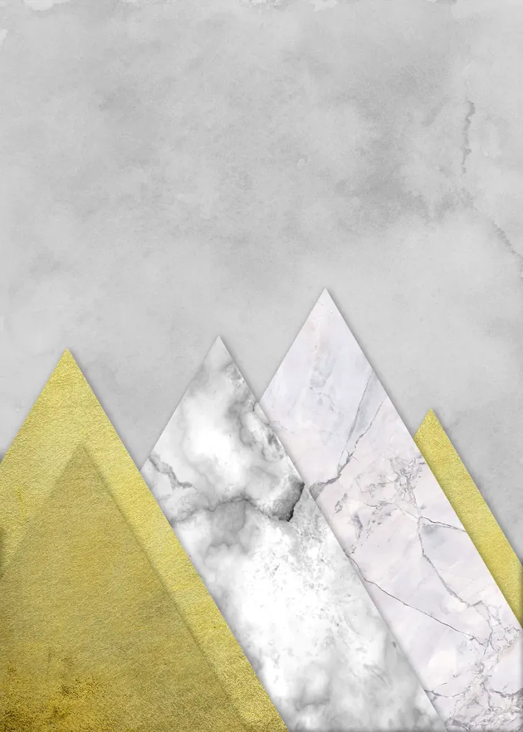 Gold and White Marble Mountain Peaks Abstract Geometric Poster Triangular mountain peaks in gold and white marble against a soft grey cloudy background