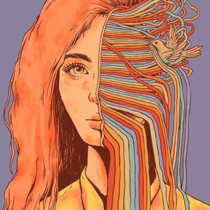 Illustrated woman with orange hair turning into rainbow threads with a small bird on violet