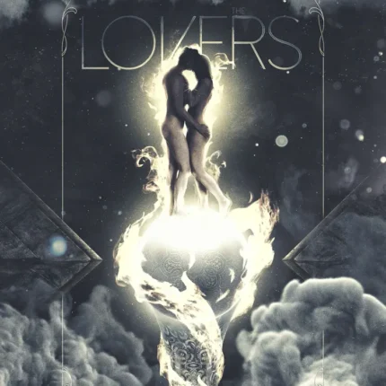 Lovers tarot poster with an embracing couple above a glowing flame among clouds