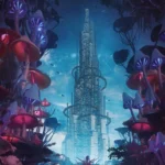LumiPoster — A tower in the middle of a mushroom forest