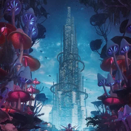 Tall tower surrounded by giant glowing mushrooms with a small figure in front