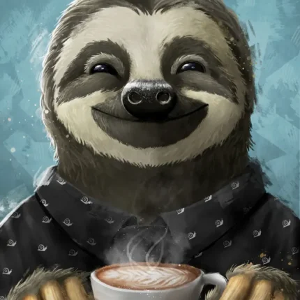 Smiling sloth in a patterned robe holding a steaming latte cup