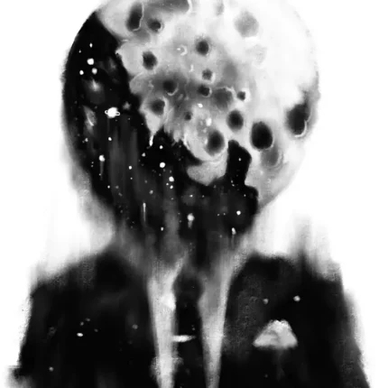 Man in a suit and tie with a cratered moon as a head and stars inside his body