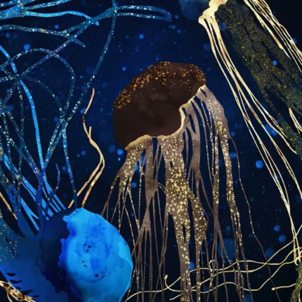 Three blue and gold glittering jellyfish with long tentacles in a dark ocean