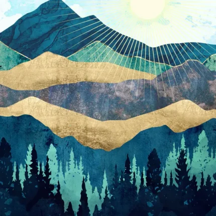 Layered teal mountains with gold bands and a dark pine forest under a pale sun