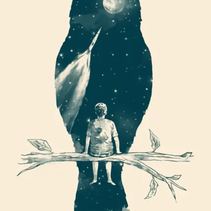 Owl silhouette filled with a starry sky and moon with a boy sitting on a branch