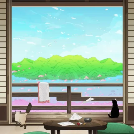 Two cats in a Japanese room with green cushions overlooking green hills