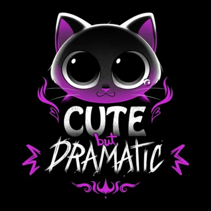 Black cat with big eyes and purple swirls above the text Cute but Dramatic