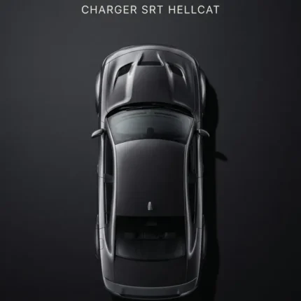 Top view of a dark grey Dodge Charger SRT Hellcat on a charcoal poster background