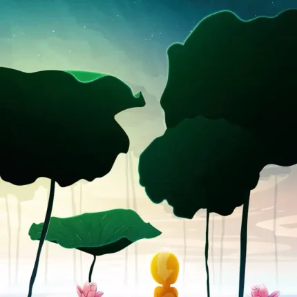 Small golden meditating figure between giant lotus leaves and pink flowers under a teal sky