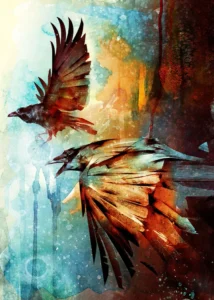 LumiPoster — Two ravens in flight, teal and amber