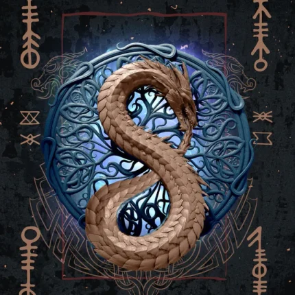 Bronze Jormungandr serpent in a Norse knot circle with runes