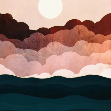 Pale sun above layered pink clouds and dark teal sea waves in flat illustration style