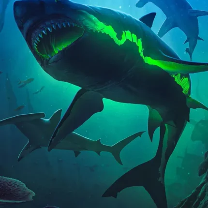 Large shark with glowing green markings swimming in deep teal water