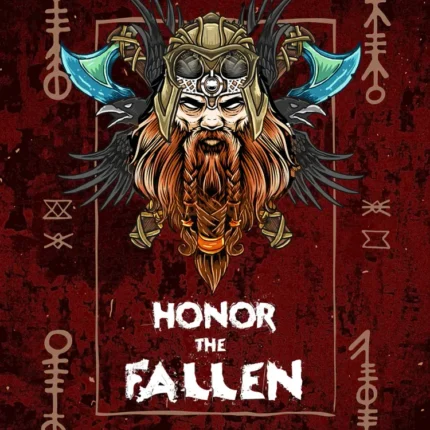 محارب فايكنغ بلحية حمراء وخوذة وفأسين مع عبارة Honor the Fallen