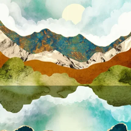 Layered orange and green mountains with a pale sun and clouds reflected in a calm lake