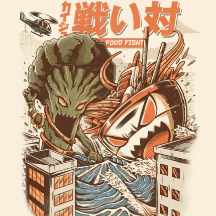 Giant broccoli monster fighting a ramen bowl creature among city buildings with Japanese text