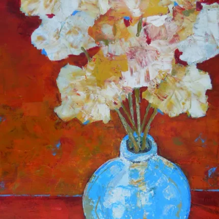 Painting of cream and yellow flowers in a round blue vase on a red background