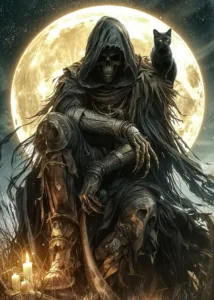 LumiPoster — Armored reaper with a black cat before the full moon