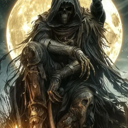 Armored hooded skeleton with a black cat in front of a full moon
