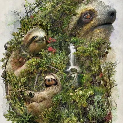 Sloths merged with rainforest leaves, flowers and a waterfall in a double exposure artwork