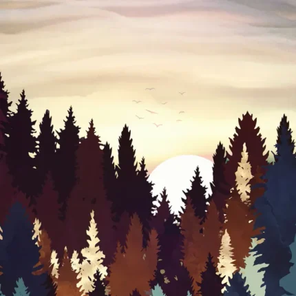 Layered pine forest in brown and blue tones under a pastel sunset sky, illustrated poster
